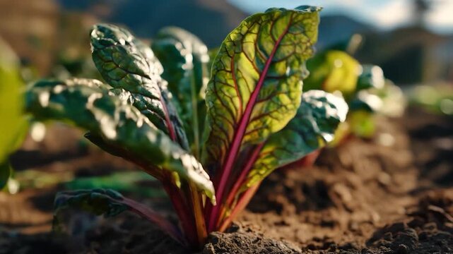 Vibrant Chard: A close-up shot of chard plant with its vividly colored stalks and leaves, highlighting the natural beauty and freshness of the vegetable growing in the soil.