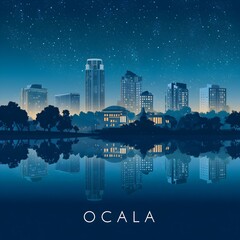 City of Ocala, Florida night time skyline postcard style vector illustration