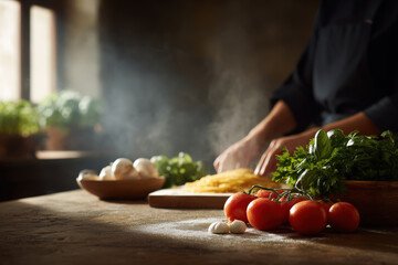 enchanting italian kitchen scene featuring culinary expert preparing traditional pasta dishes