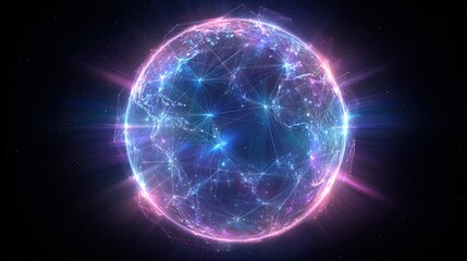 Futuristic glowing Earth with neon digital network connections in space representing global technology
