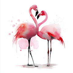 Watercolor painting of two pink flamingos forming a heart with necks