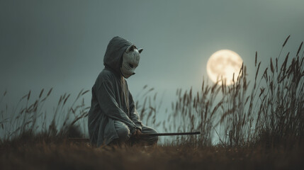 Obraz premium Child in a Hooded Mask at Night Under a Full Moon