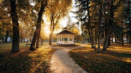 White gazebo in autumn park with golden leaves, tall trees and bright sunset light shining through forest