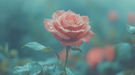 Single red rose with dewdrops,  timeless beauty and passionate allure.