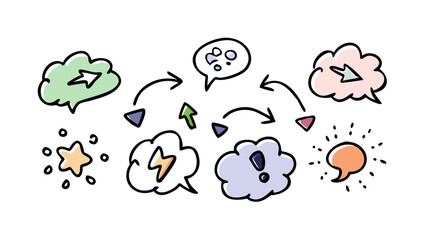Cartoon speech bubbles and symbols icons arrows