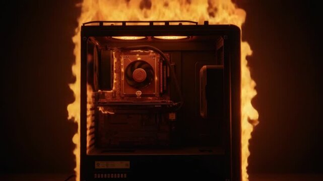 A computer case on fire with a fan on top of it