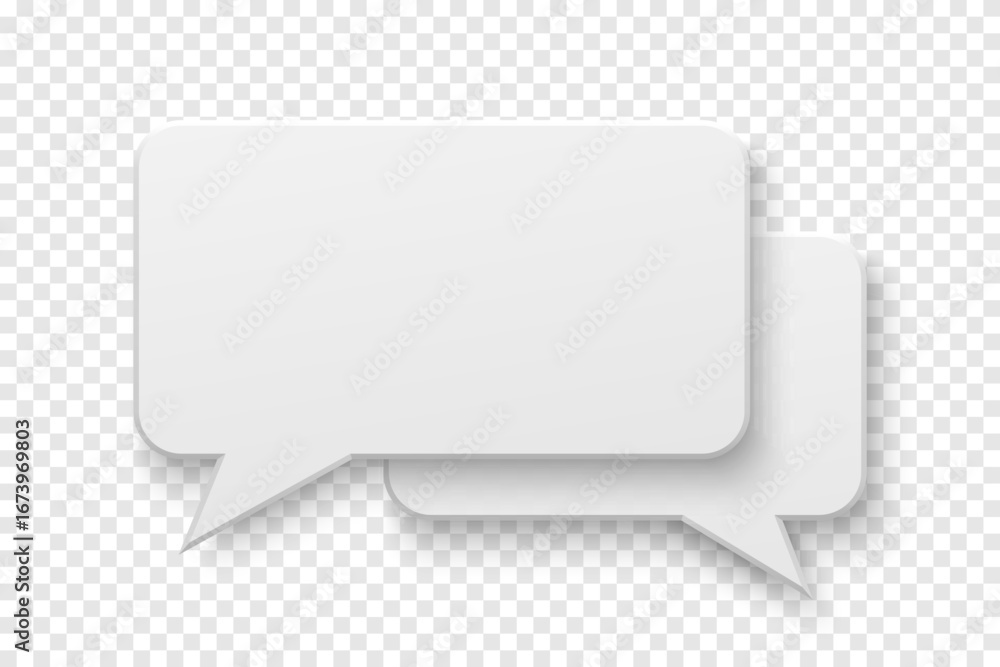 Poster Vector two white blank paper speech bubbles on transparent background. Rectangle shape. Template for your design.