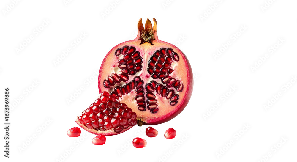 Poster sliced pomegranate showcases its seeds along with a loose segment and few scattered seeds on a backg