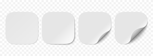 Vector set of white paper squircle stickers isolated on transparent background. Realistic square stickers curved with white corner and soft shadows.