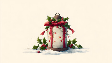 Cute hand painted christmas lantern wrapped in holly and ribbon with snow at the base in a festive warm illustration