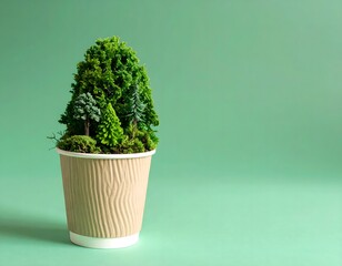 sustainable living with a lush miniature forest emerging from a biodegradable coffee cup on a green pastel backdrop