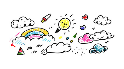 Colorful crayon drawing of sky elements clouds