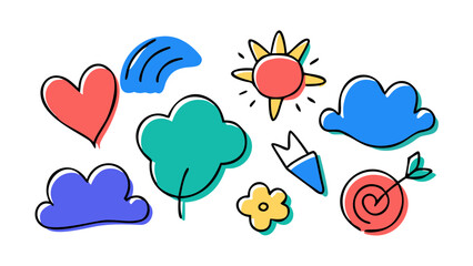 Colorful doodle collection with heart sun and clouds