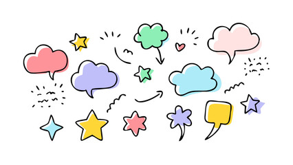 Colorful doodle clouds and stars speech bubbles