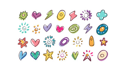Colorful doodle icons hearts stars suns and abstract shapes