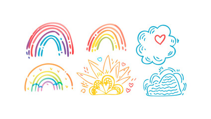 Colorful doodle icons rainbows clouds and abstract shapes