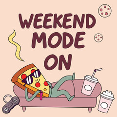 Funny Cartoon Pizza Slice Poster with Weekend Mode Text and Pastel Gaming Doodles