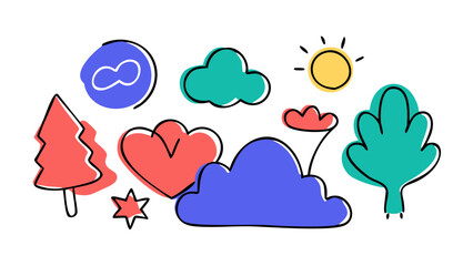 Colorful doodle shapes and nature elements illustration