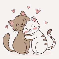 Vector art of two cute cats hugging each other with hearts