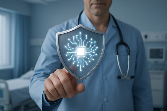 A healthcare professional in a hospital setting holds a digital shield with a glowing microchip, symbolizing cybersecurity and data protection in modern medicine and electronic health records