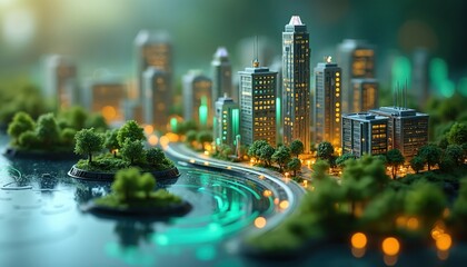 Futuristic urban landscape model presents advanced city planning with skyscrapers, rich plants, glowing data visualizations. Smart city concept emphasizes sustainability, technology integration for
