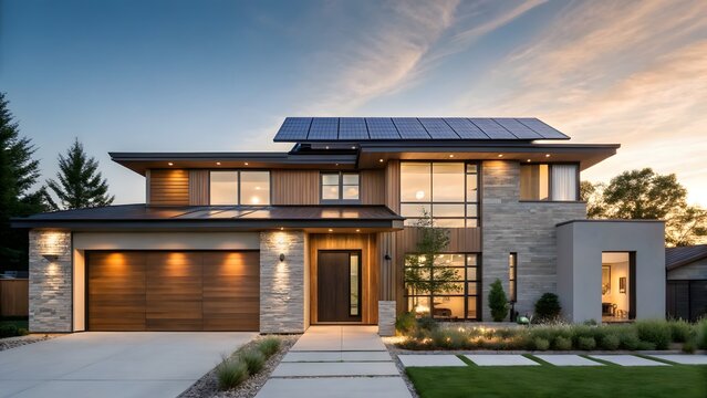 Modern luxury home with solar panels and dramatic sunset sky