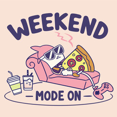 Funny Cartoon Pizza Slice Poster with Weekend Mode Text and Pastel Gaming Doodles