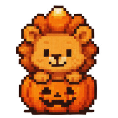 Cute Pixel Art Lion on Halloween Pumpkin