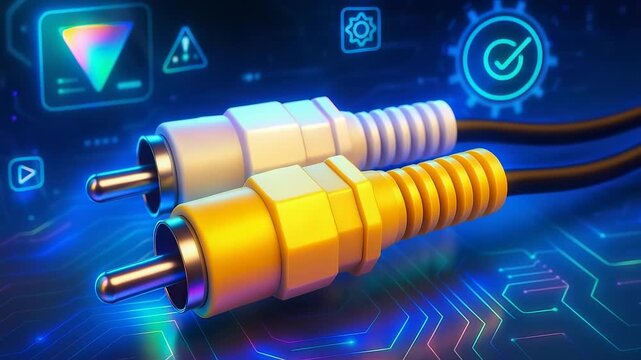 RCA Cables with Checkmark Gear Icons on Glowing Circuit Board Interface