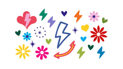 Colorful hearts lightning bolts and flowers abstract