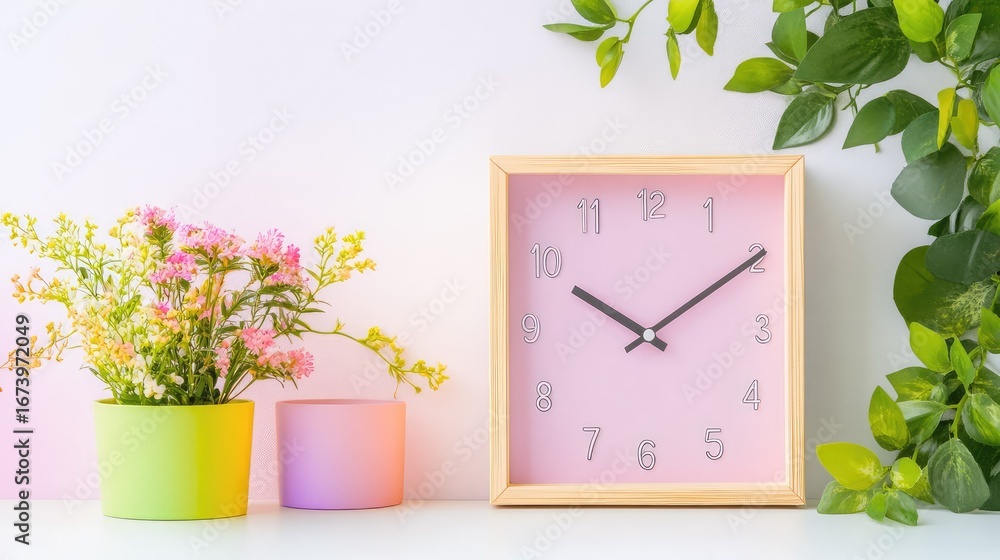 Poster digital pixel clock in bright colors on white surface with soft daylight and greenery for a fresh an