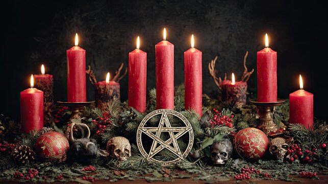 Red candles pentagram gothic ritual occult magic skulls pagan witchcraft dark mystic altar fire - Powered by Adobe