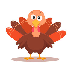 Funny cartoon turkey with colorful feathers isolated on white background. Cute flat vector illustration perfect for Thanksgiving greeting cards, posters, banners, and festive holiday designs.