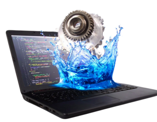  Open Coding Laptop with Floating Gear Icon and Water Splash, Isolated Transparent Background PNG