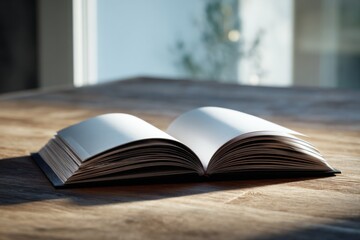 A simple and elegant hardcover book lying open on a wooden desk, illuminated by natural daylight streaming through a window.
