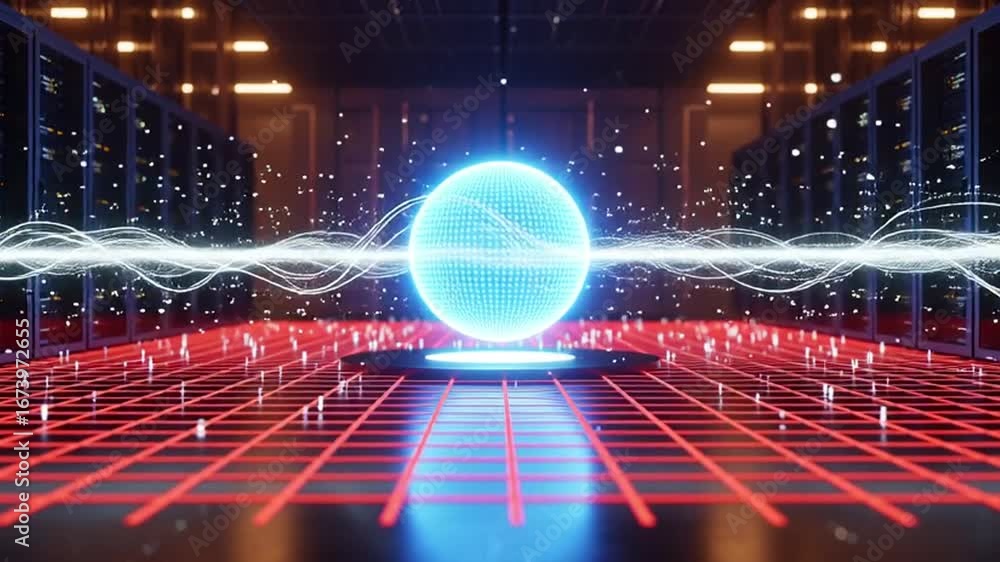 Aufkleber analyzing data server room with glowing sphere and red grid