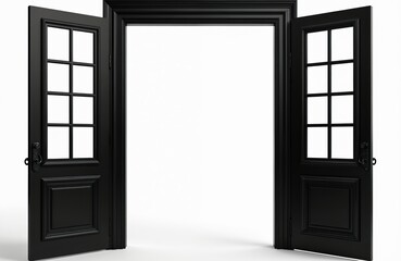 Obraz premium Open black double doors with glass panes, isolated on white background. Elegant wooden frame with simple design, offering passage and opportunity. Classic modern style for interior or exterior use.