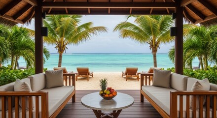 Fototapeta premium Relaxing view from gazebo onto tropical beach with palm trees and turquoise sea