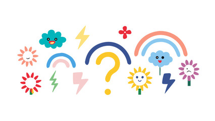Cute cartoon rainbow lightning bolt flower cloud question mark