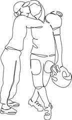One continuous single drawing line art flat doodle sport, athlete, girl, american football - sport, american football player, football, game. Isolated image hand draw contour on a white background, ha