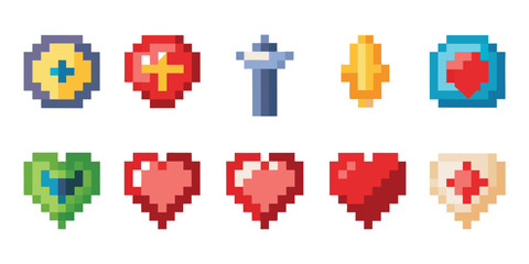 Pixel Art. Health. Game UI. A retro 8-bit vector icon set of hearts, shields, and power-ups for a video game health bar, a mobile app, or a nostalgic 80s-themed graphic design.