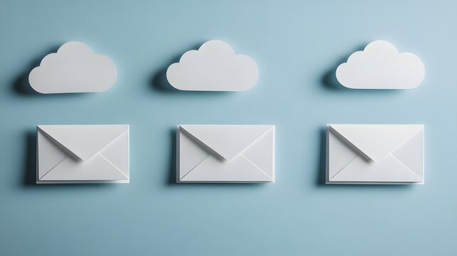 Cloud Computing Email Concept, Three White Envelopes and Clouds