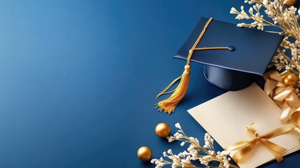 Elegant navy blue background with gold accents, featuring a graduation cap and diploma ribboned in gold