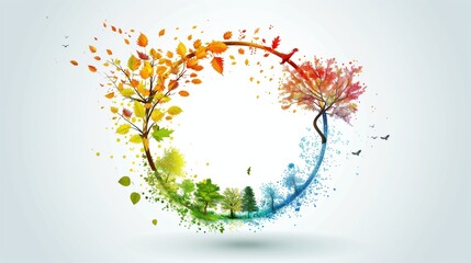 National Public Lands Day, Circular seasonal infographic with four distinct color zones representing seasons, leaf icons changing colors, weather symbols, animal migration arrows, tree growth stages