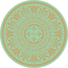 Vector gold with green classic Greek round ornament. Circle of Ancient Greece and the Roman Empire. Byzantine painting of walls, floors and ceilings. Decoration of European palaces.
