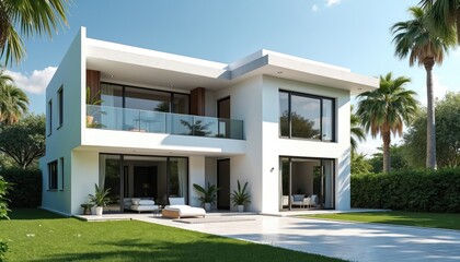 Contemporary minimalist two-story house exterior featuring white walls and a light gray tiled roof. The residence has large windows, a glass-paneled balcony, and lush green lawn with palm trees.