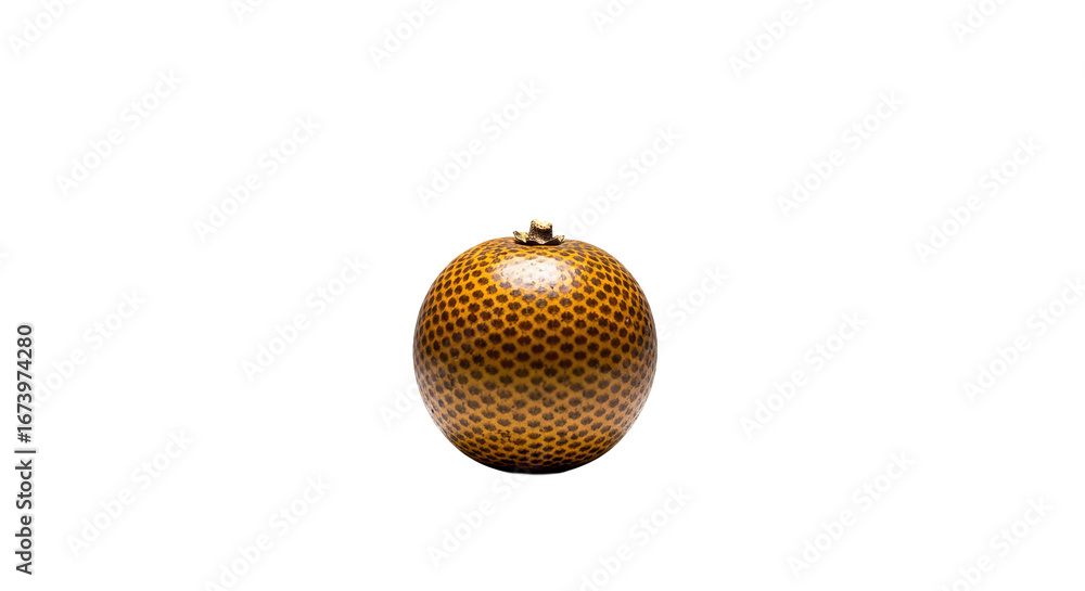 Poster textured round object presents repeating dark spotted pattern against tan surface, creating a unique