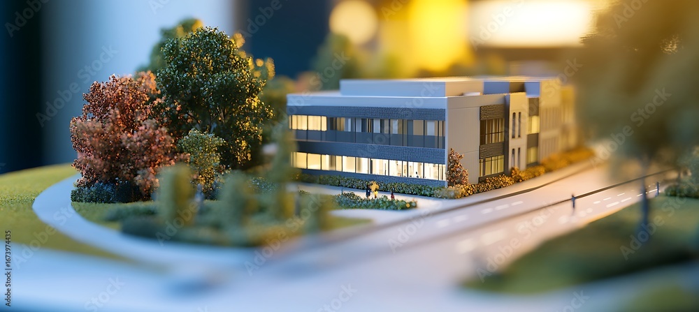 Poster architectural miniature of modern building with trees and street for design and presentation purpose