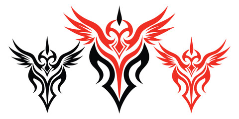 Tribal. Tattoo. Wings. A modern vector set of three abstract winged emblems in a tribal tattoo style for a t-shirt print, a car decal, a logo, or a dynamic branding design element.