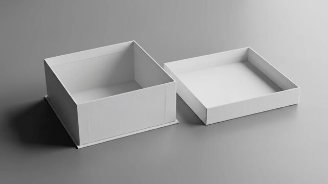 Open White Gift Box Mockup - A high-angle, close-up shot of an empty white square box with the lid slightly ajar, set against a neutral gray background.